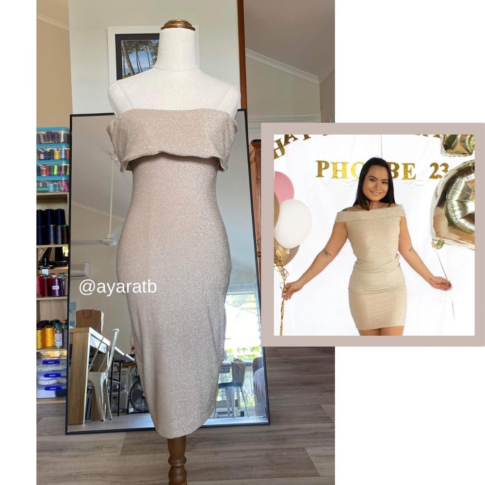 Meshki off shoulder champagne golden mini dress - Picture 1 of 4
